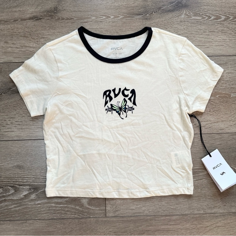 NWT RVCA Butterfly Cream Shrunken Ringer Cropped Graphic Tee - Picture 3 of 8